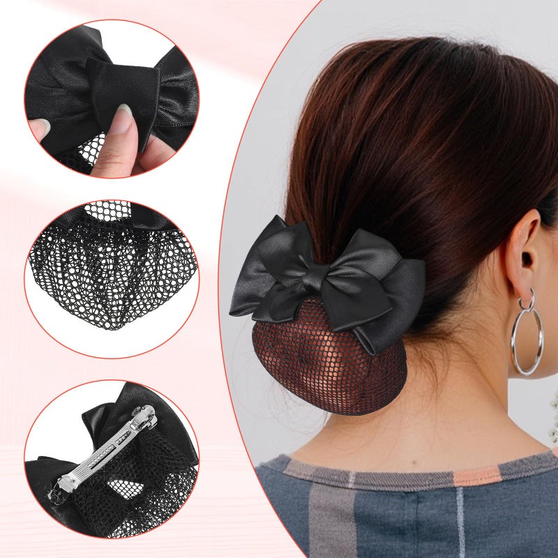 Aysatogc 2 Pieces Hair Snood Net, Women's Bun Cover Hairnet Satin Bow Barrette French Clips Ribbon Flower Hair Accessories for Stewardess Banks Hotels Restaurant Staff (Black) - Image 3